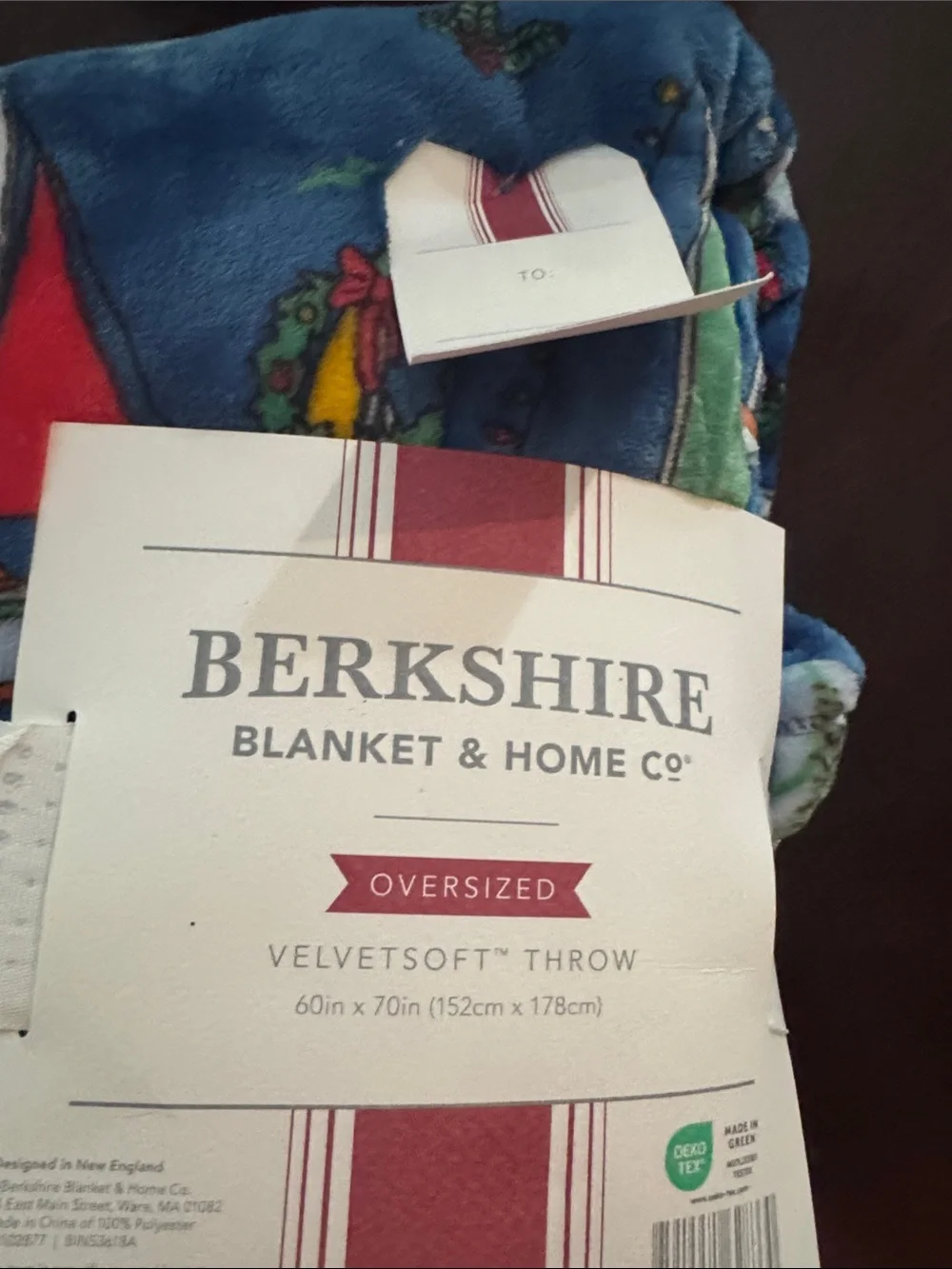 Berkshire Velvet-Soft Holiday Throw Blanket in Navy with Festive Accents